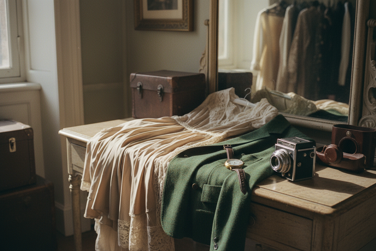 Atmospheric vintage still life with clothing, watch and camera